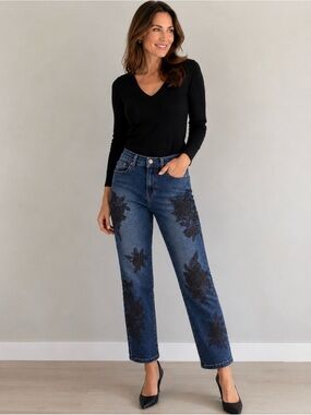 Jeans DG2 by Diane Gilman Dark Blue Straight-Leg with Black Embroidery Pants